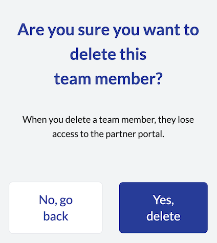Delete a new team member dialog box